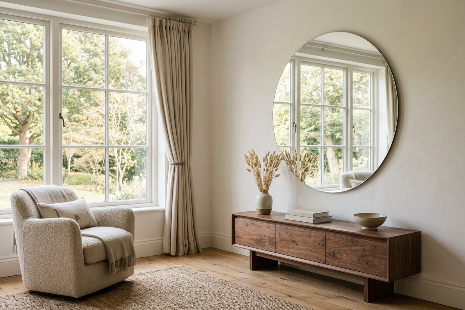 A large round mirror mounted directly across from a window, visibly reflecting daylight back into the room and making it read brighter