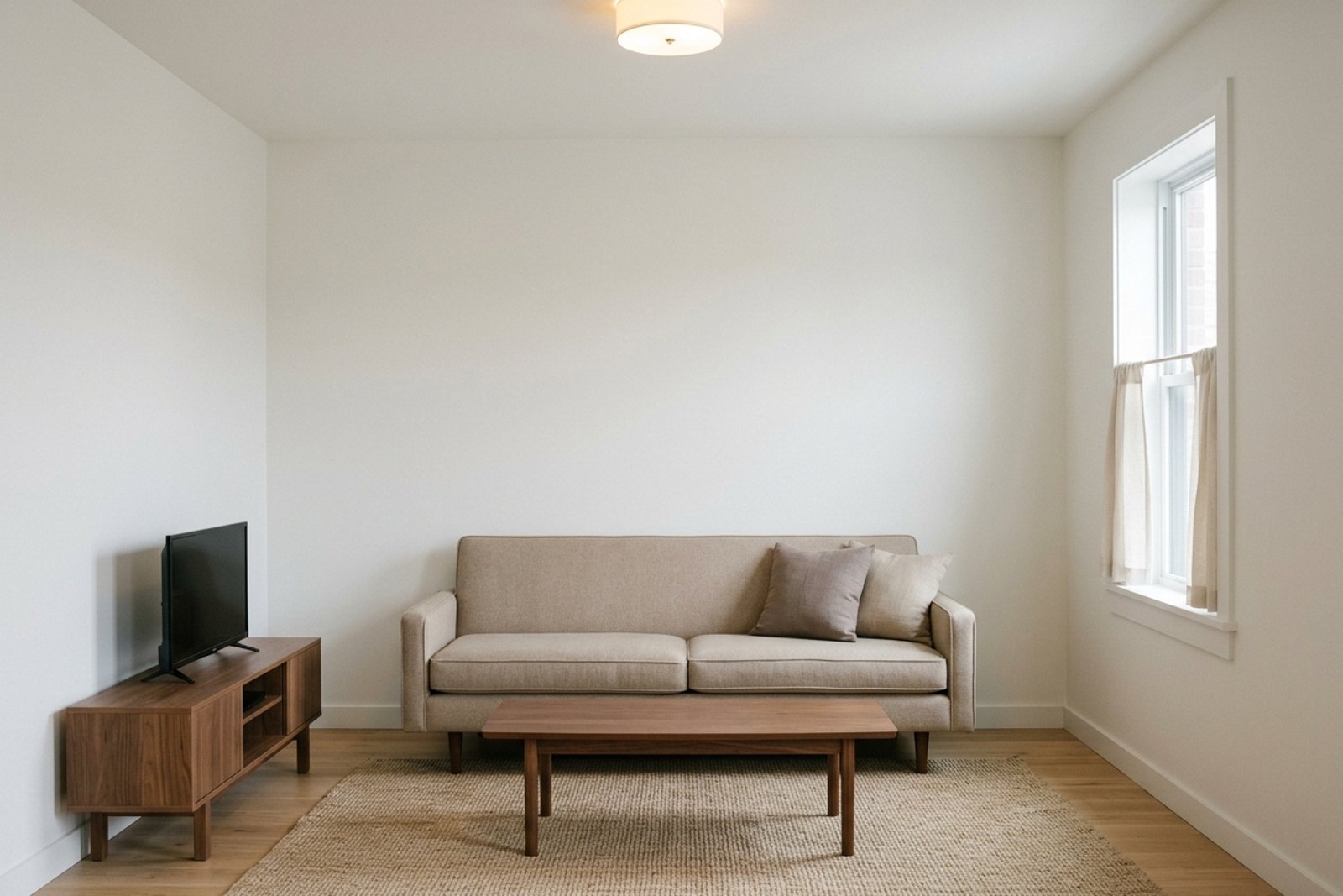 A styled living room shot straight on, sofa against the wall, low coffee table, low console, and TV stand all sitting inside a single horizontal band roughly three feet off the floor, ceiling visibly empty above