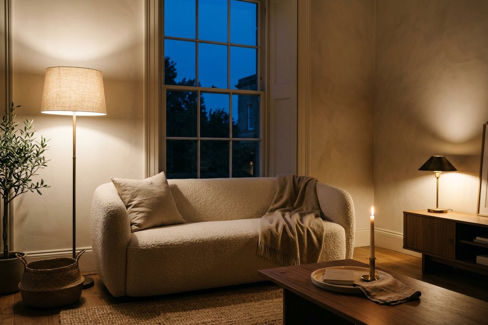 A living room lit after sunset by three warm 2700K sources at three different heights, no overhead on, soft shadows across the sofa arm and along the wall, corners of the room clearly readable