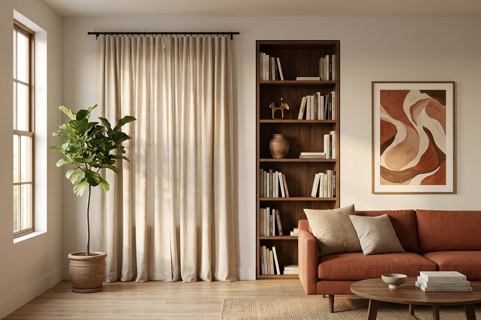 A styled living room after raising the vertical anchors, curtain rod mounted just below the ceiling with floor to ceiling linen panels, a tall narrow bookshelf against the far wall, art hung noticeably higher than the sofa back