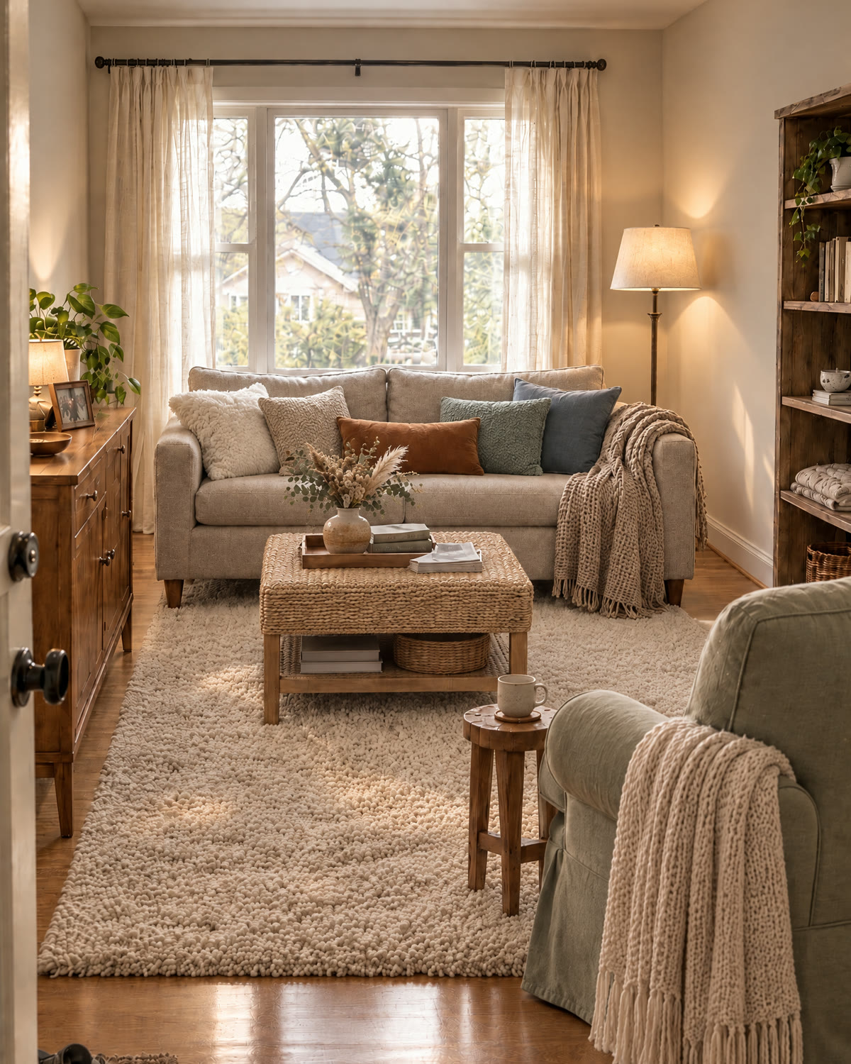 Living room lit by lamps at different heights, a floor lamp beside the sofa and a table lamp on the sideboard