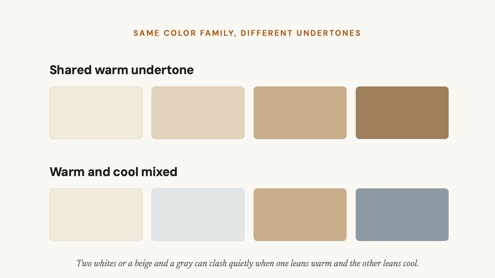 Two color groups, one sharing a warm undertone and one mixing warm and cool