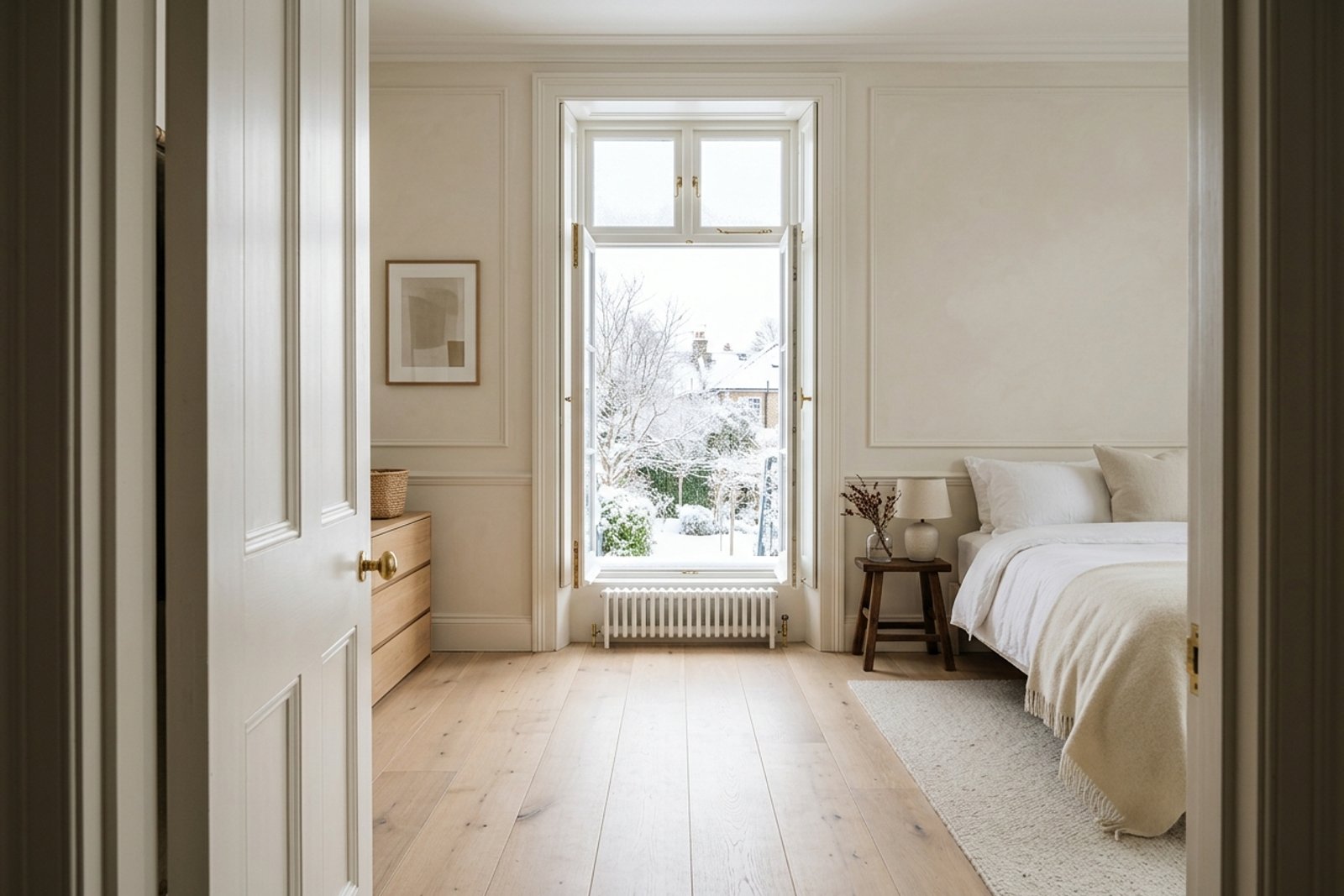 A small bedroom in winter with the window fully open, the interior door propped, and a clear path across the room so air can cross instead of stalling at the glass