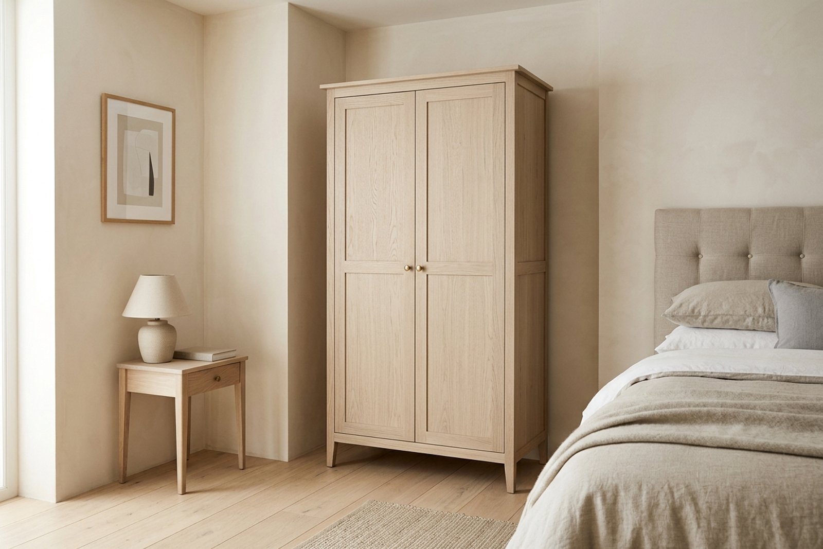 A bedroom corner with the wardrobe pulled several inches clear of the exterior wall so air can reach the surface behind it and dry