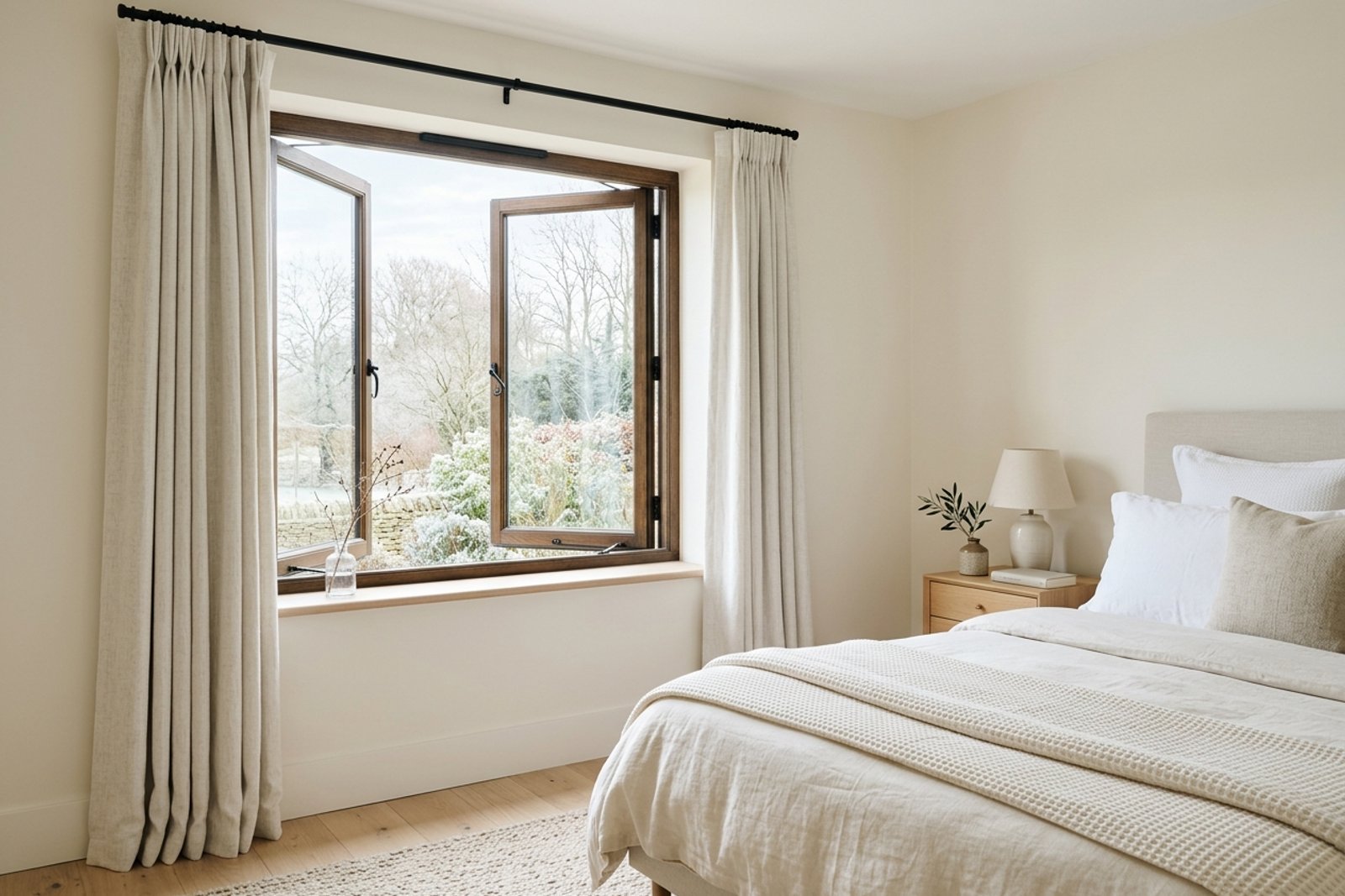A bedroom window opened fully for a short morning flush, curtains pulled clear of the frame, with the interior door propped open behind it