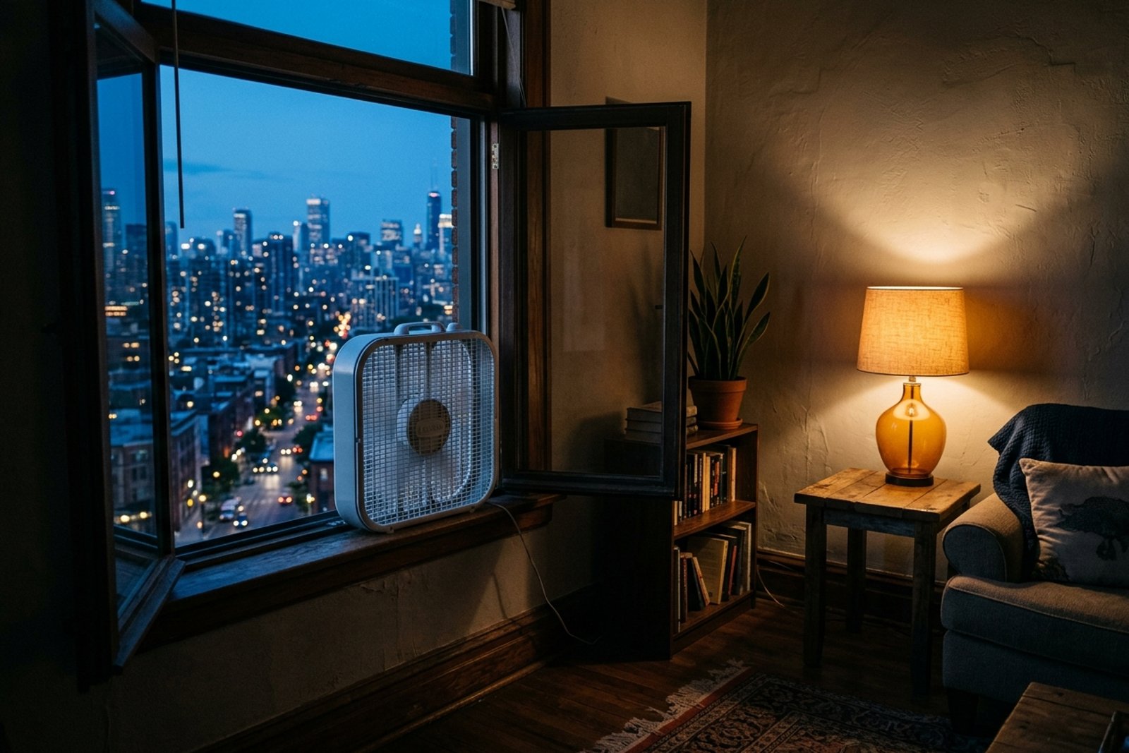 A dark apartment room at blue hour with a white box fan in an open window facing outward and a single warm lamp glowing in the corner