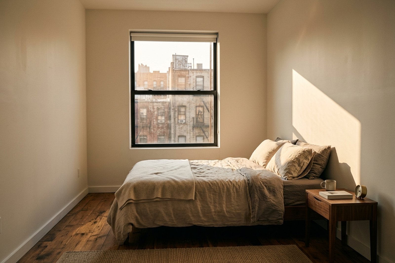 A sunny bedroom in late afternoon, low warm light striking a linen bed and a clay plaster wall that are absorbing and storing heat