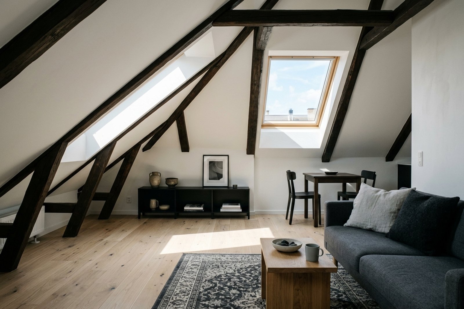 An attic apartment under a sloped white ceiling with a single skylight and dark exposed rafters, strong midday sun, the hottest layout in a rental building