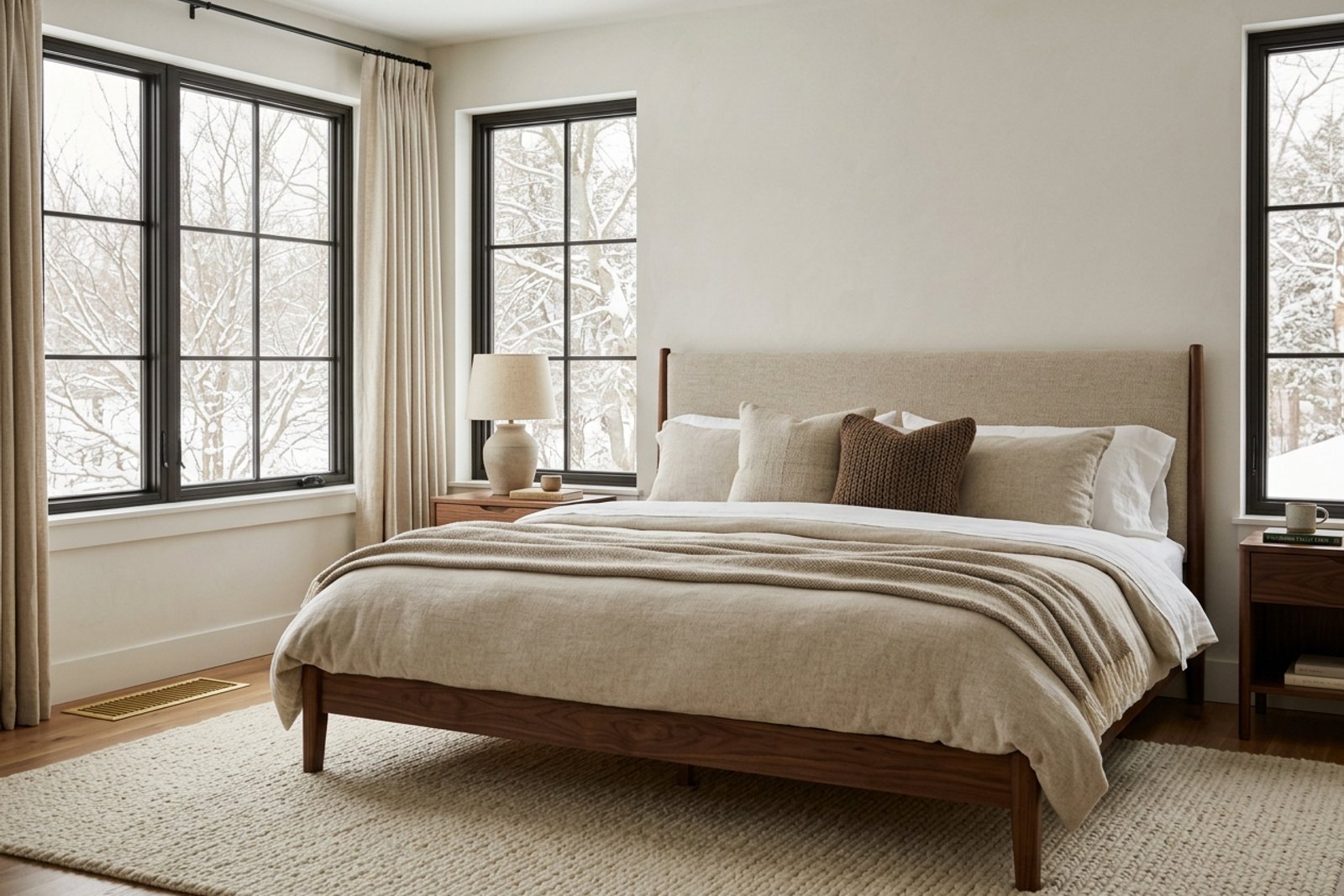 Corner bedroom with two exterior walls, the bed pulled a foot off the window wall onto a thick rug, and the floor register left clear