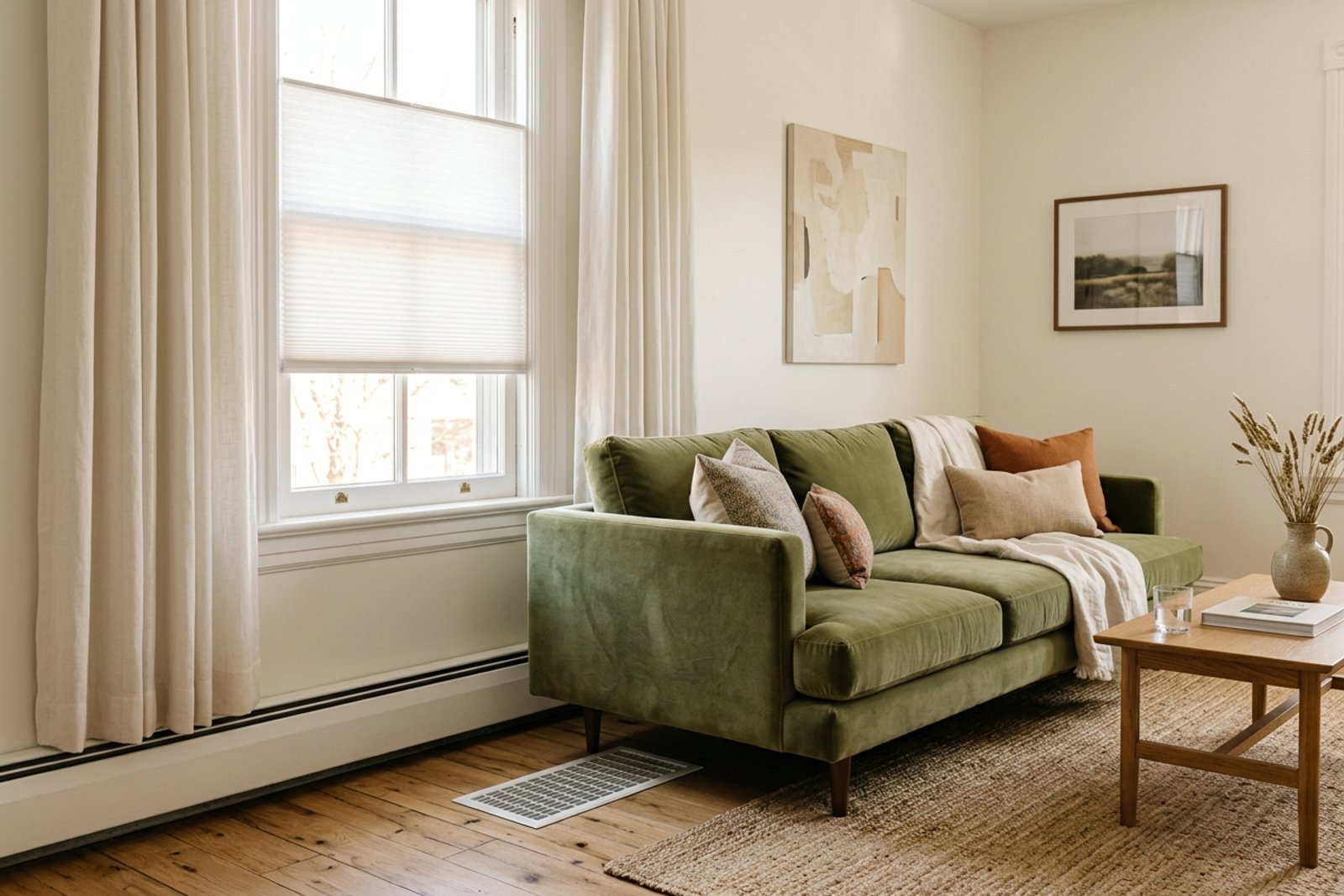 Living room with the sofa pulled clear of a floor register, curtains hemmed to hang above the baseboard heater, and a cellular shade on the window