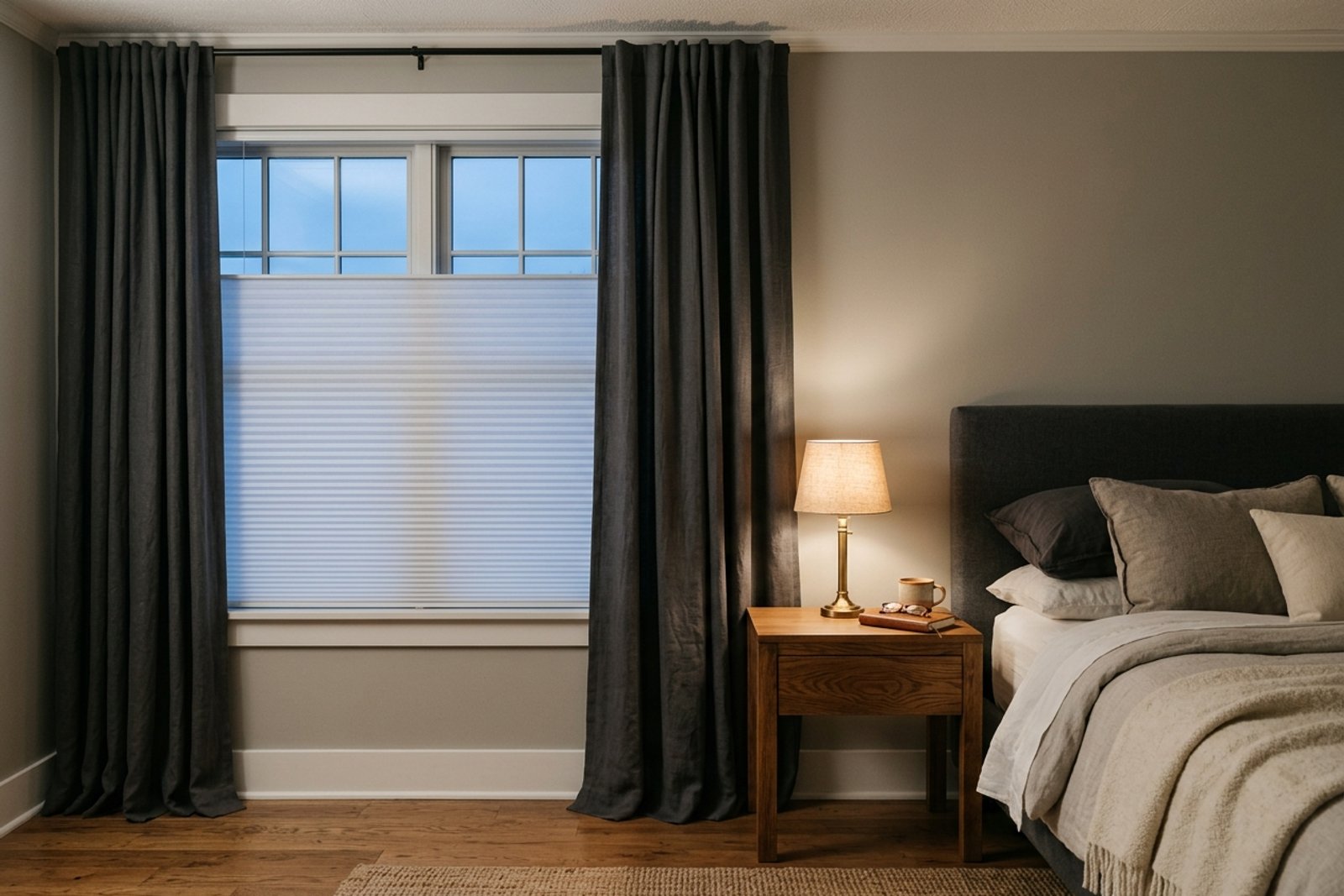 Bedroom window at dusk with a fitted cellular shade lowered and floor length drapes closed against the frame, a lamp lit on the nightstand